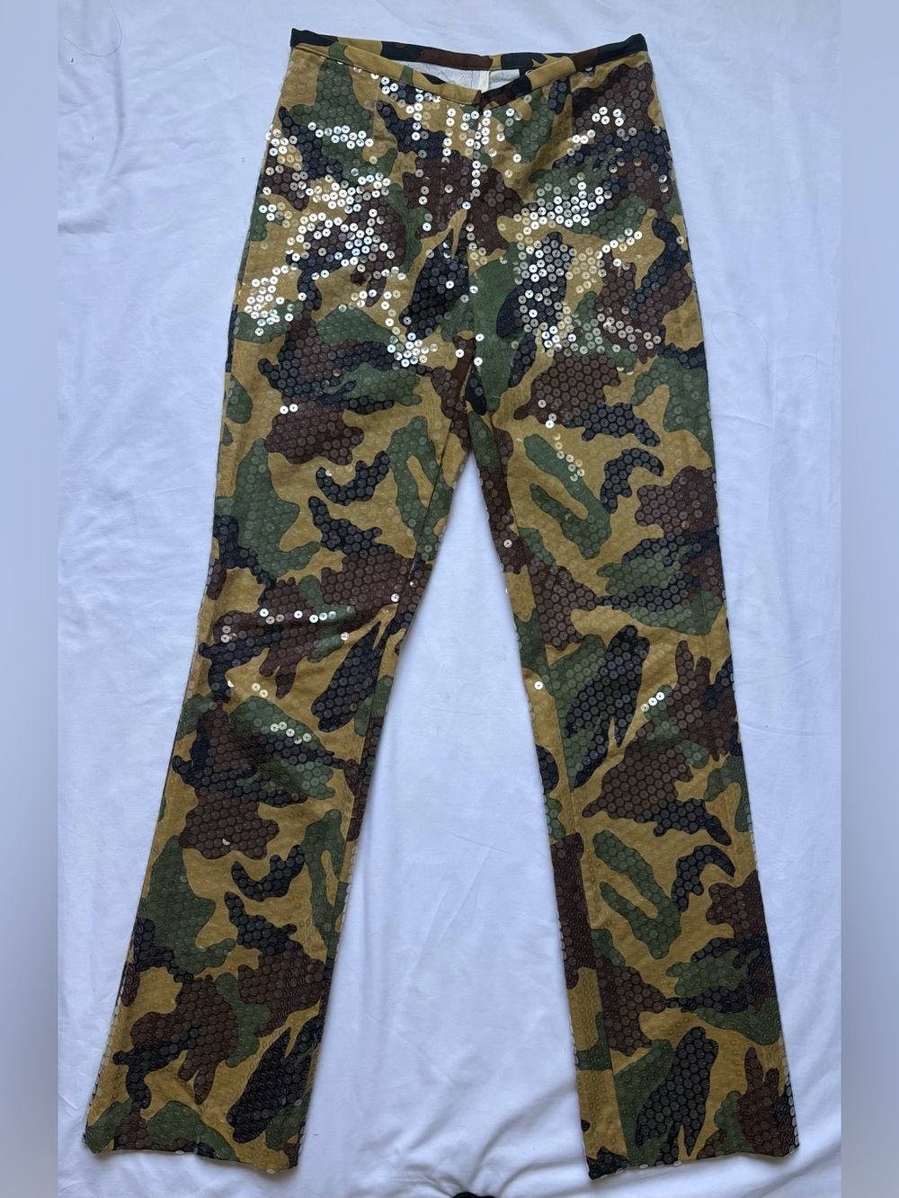 Vintage Domallo Camo Sequin Flare Pants Size 2 Y2K Made in USA Women